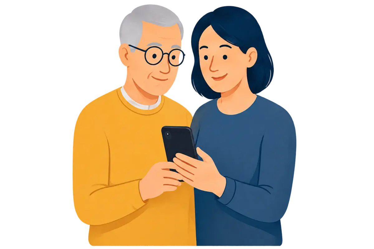 A daughter helping an older family member review a message